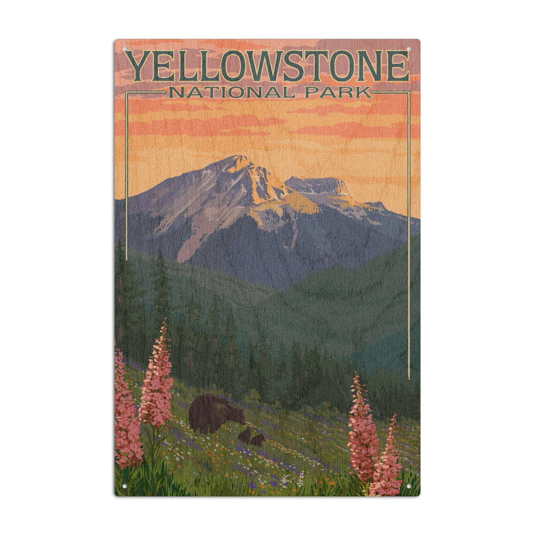 Yellowstone National Park, Bear & Spring Flowers, Lantern Press Artwork, Wood Signs and Postcards Wood Lantern Press 10 x 15 Wood Sign 
