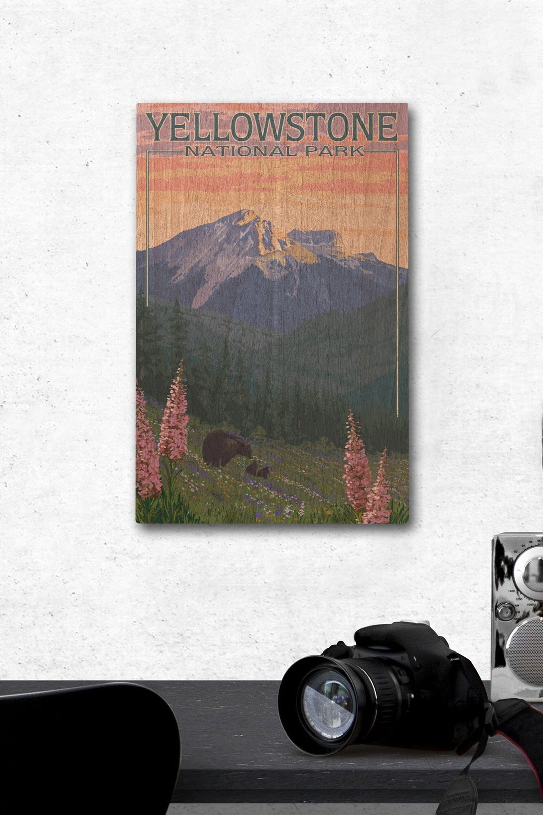 Yellowstone National Park, Bear & Spring Flowers, Lantern Press Artwork, Wood Signs and Postcards Wood Lantern Press 12 x 18 Wood Gallery Print 
