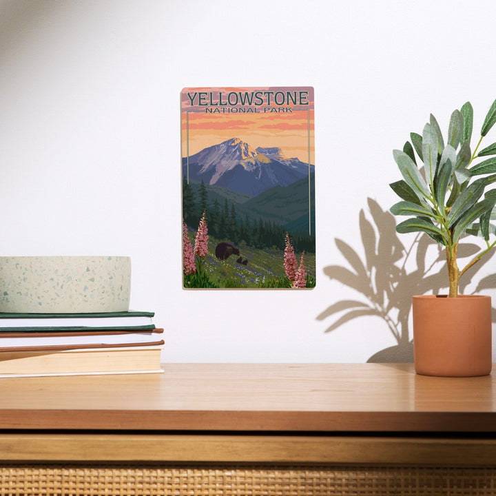 Yellowstone National Park, Bear & Spring Flowers, Lantern Press Artwork, Wood Signs and Postcards Wood Lantern Press 