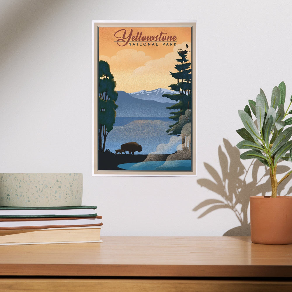Yellowstone National Park, Bison and Lake, Lithograph National Park Series, Art & Giclee Prints Art Lantern Press 
