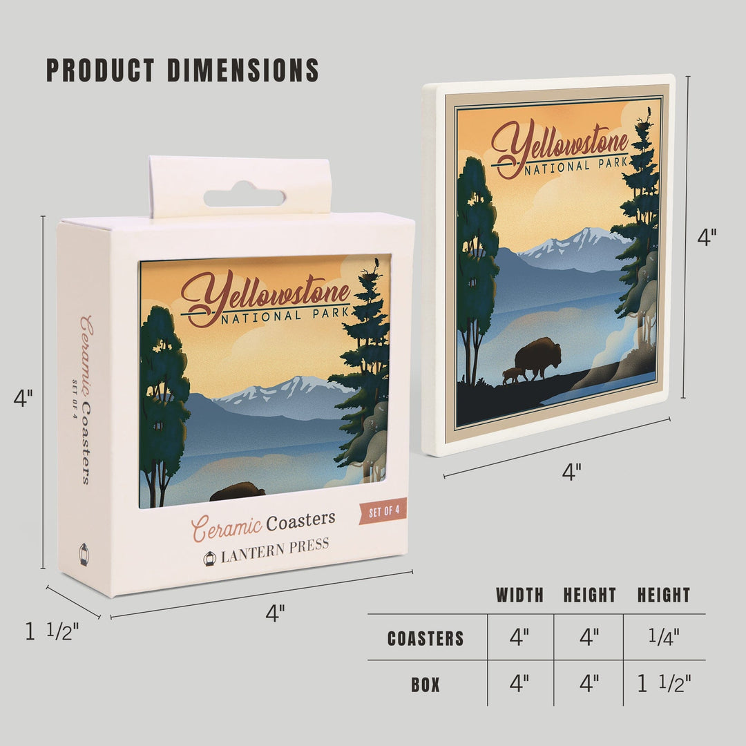 Yellowstone National Park, Bison and Lake, Lithograph National Park Series, Coasters Coasters Lantern Press 