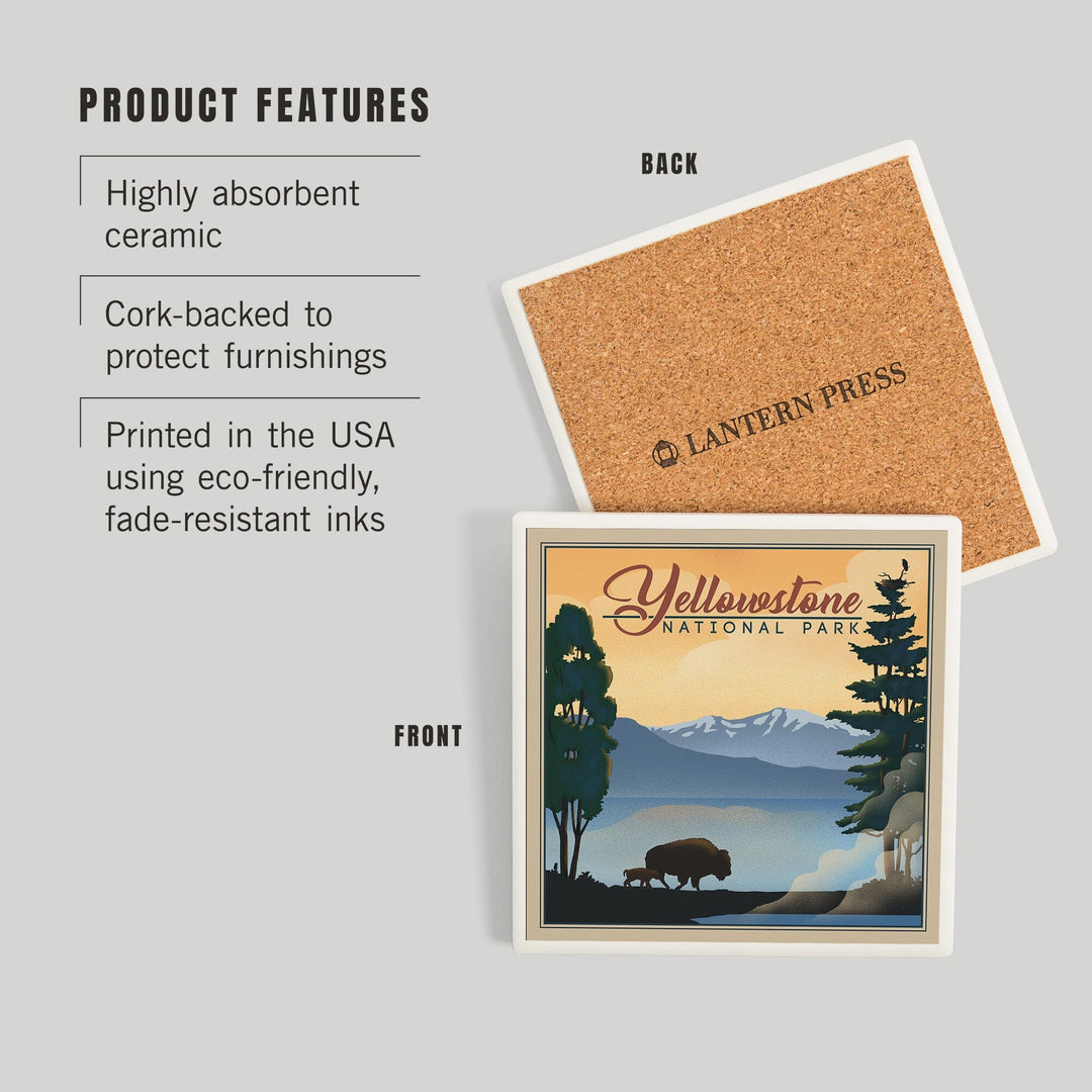 Yellowstone National Park, Bison and Lake, Lithograph National Park Series, Coasters Coasters Lantern Press 