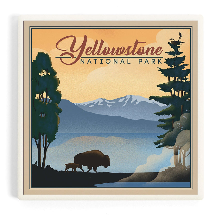 Yellowstone National Park, Bison and Lake, Lithograph National Park Series, Coasters Coasters Lantern Press 