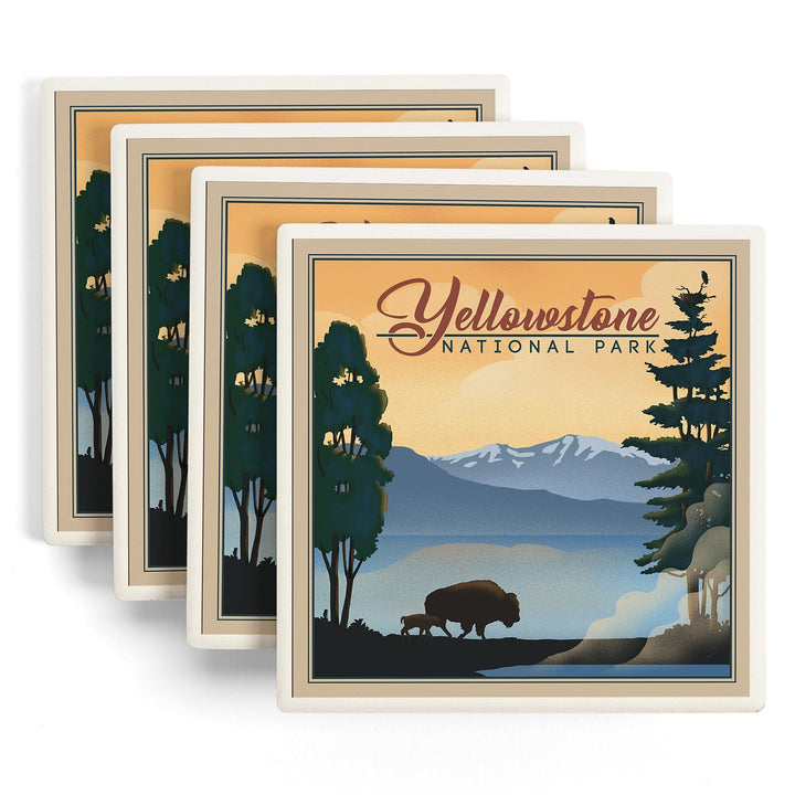 Yellowstone National Park, Bison and Lake, Lithograph National Park Series, Coasters Coasters Lantern Press 