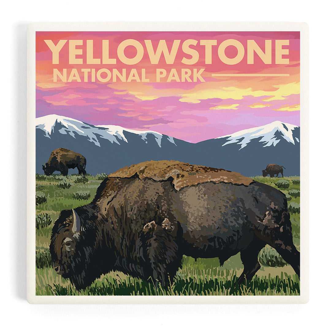 Yellowstone National Park, Bison and Sunset, Coasters Coasters Lantern Press 