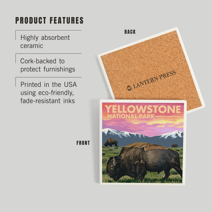 Yellowstone National Park, Bison and Sunset, Coasters Coasters Lantern Press 
