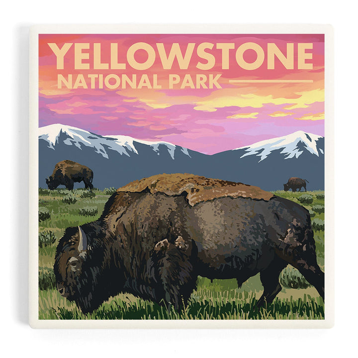 Yellowstone National Park, Bison and Sunset, Coasters Coasters Lantern Press Coaster 