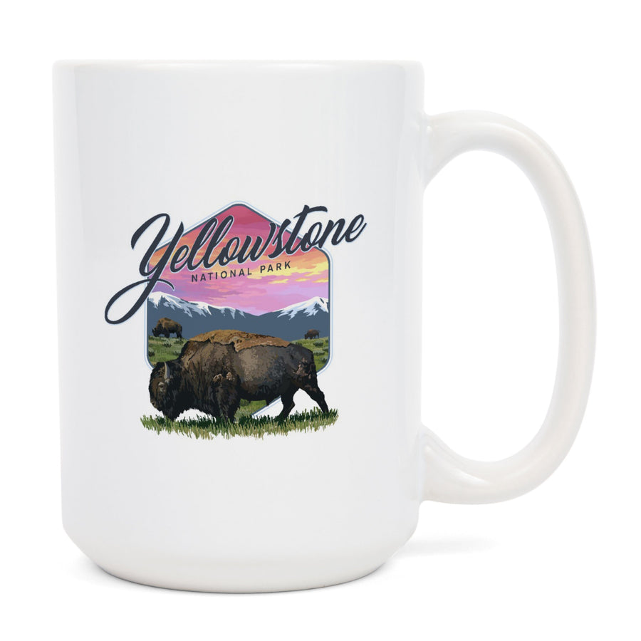 Yellowstone National Park, Bison and Sunset, Contour, Ceramic Mug Mugs Lantern Press 