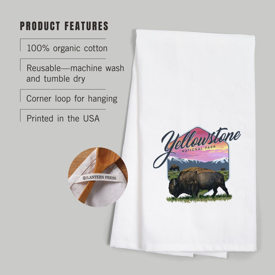 Yellowstone National Park, Bison and Sunset, Contour, Organic Cotton Kitchen Tea Towels Kitchen Lantern Press 