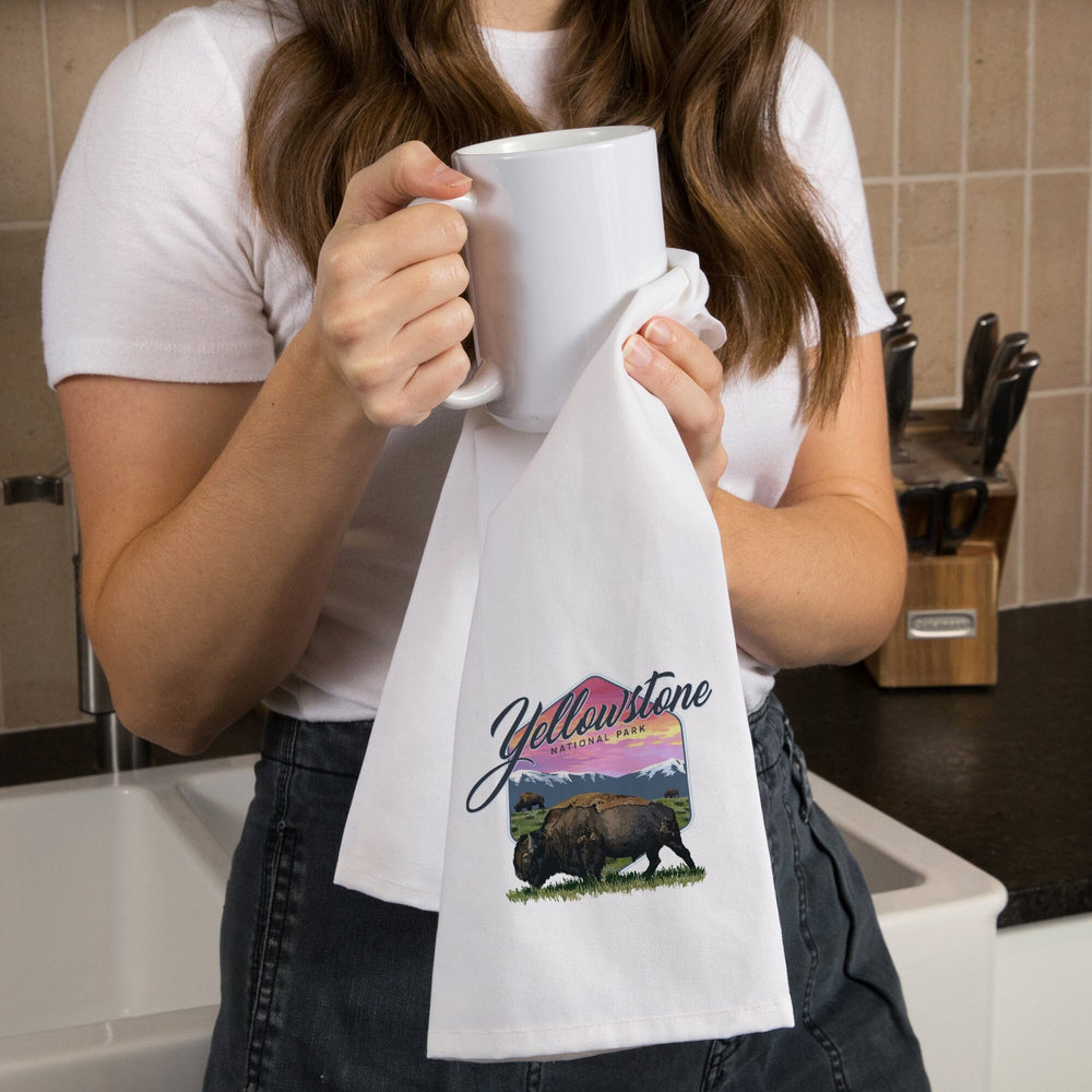Yellowstone National Park, Bison and Sunset, Contour, Organic Cotton Kitchen Tea Towels Kitchen Lantern Press 