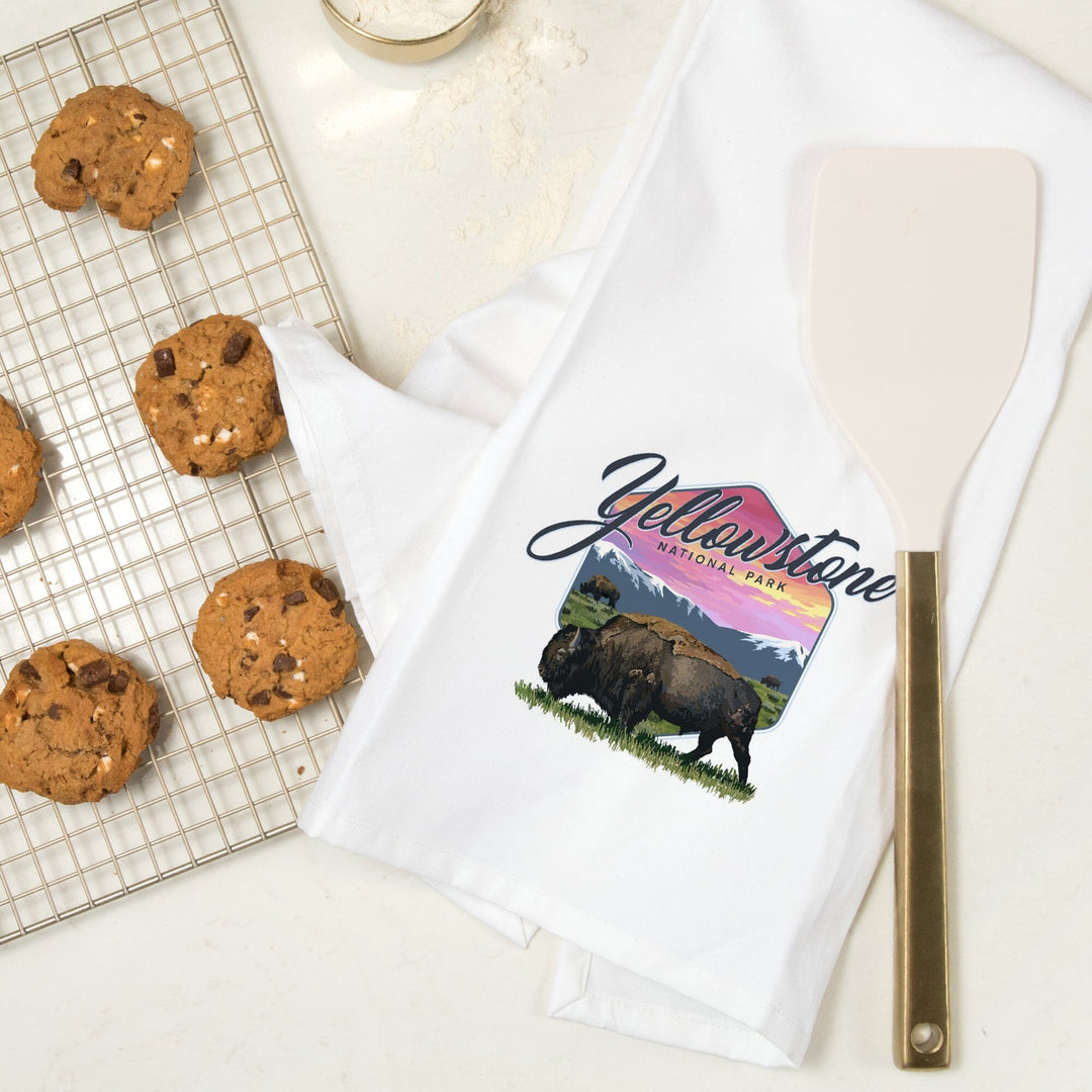 Yellowstone National Park, Bison and Sunset, Contour, Organic Cotton Kitchen Tea Towels Kitchen Lantern Press 