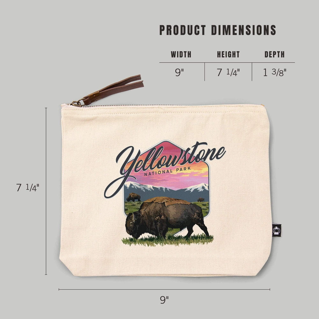 Yellowstone National Park, Bison and Sunset,, Organic Cotton Zipper Pouch, Go Bag Go Bag Lantern Press 