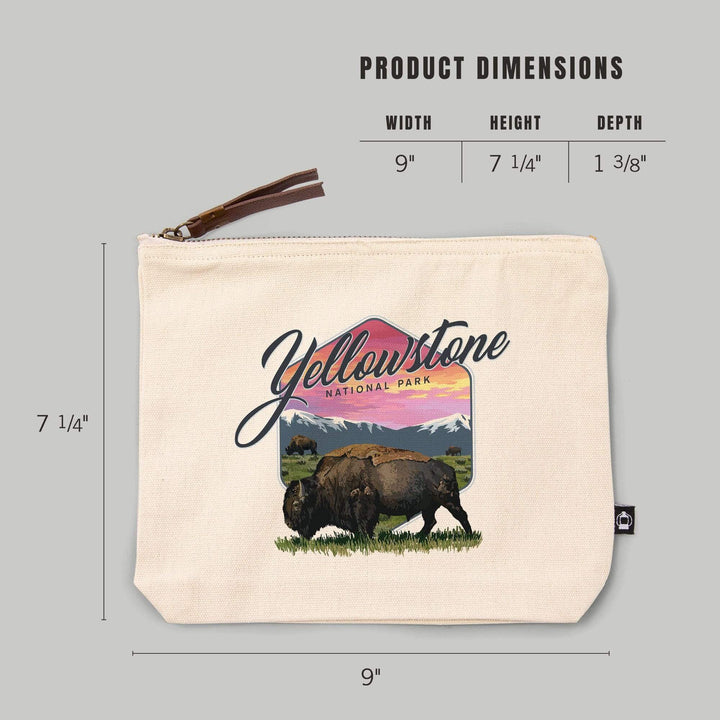 Yellowstone National Park, Bison and Sunset,, Organic Cotton Zipper Pouch, Go Bag Go Bag Lantern Press 