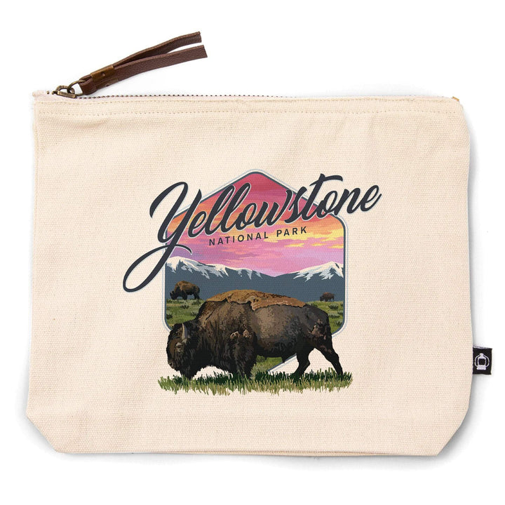 Yellowstone National Park, Bison and Sunset,, Organic Cotton Zipper Pouch, Go Bag Go Bag Lantern Press 