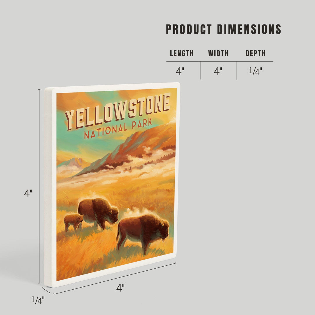 Yellowstone National Park, Bison Family, Oil Painting, Coasters Coasters Lantern Press 