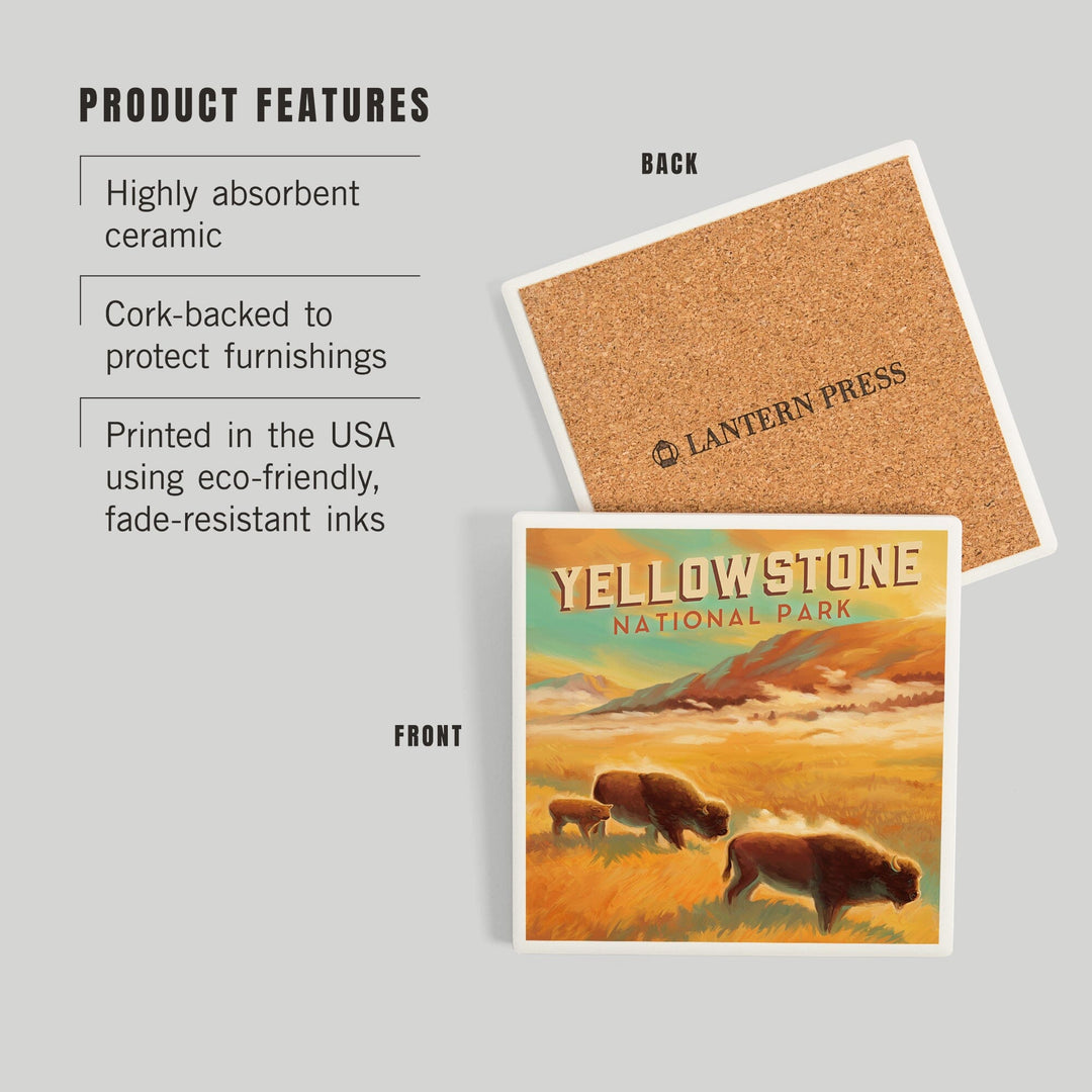 Yellowstone National Park, Bison Family, Oil Painting, Coasters Coasters Lantern Press 