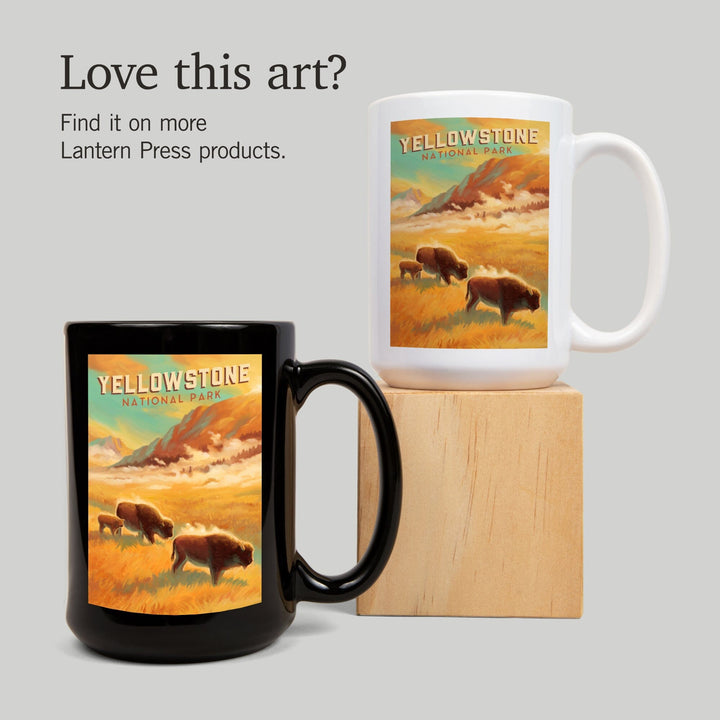 Yellowstone National Park, Bison Family, Oil Painting, Lantern Press Artwork, Ceramic Mug Mugs Lantern Press 