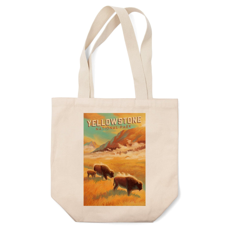 Yellowstone National Park, Bison Family, Oil Painting, Lantern Press Artwork, Tote Bag Totes Lantern Press 