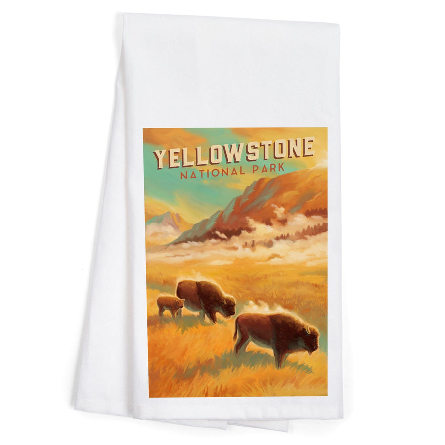 Yellowstone National Park, Bison Family, Oil Painting, Organic Cotton Kitchen Tea Towels Kitchen Lantern Press 