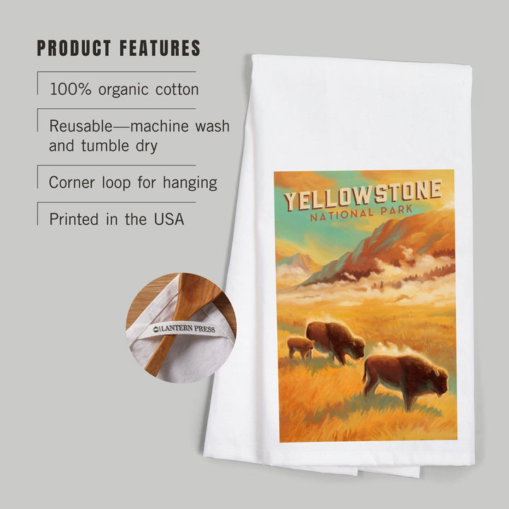Yellowstone National Park, Bison Family, Oil Painting, Organic Cotton Kitchen Tea Towels Kitchen Lantern Press 