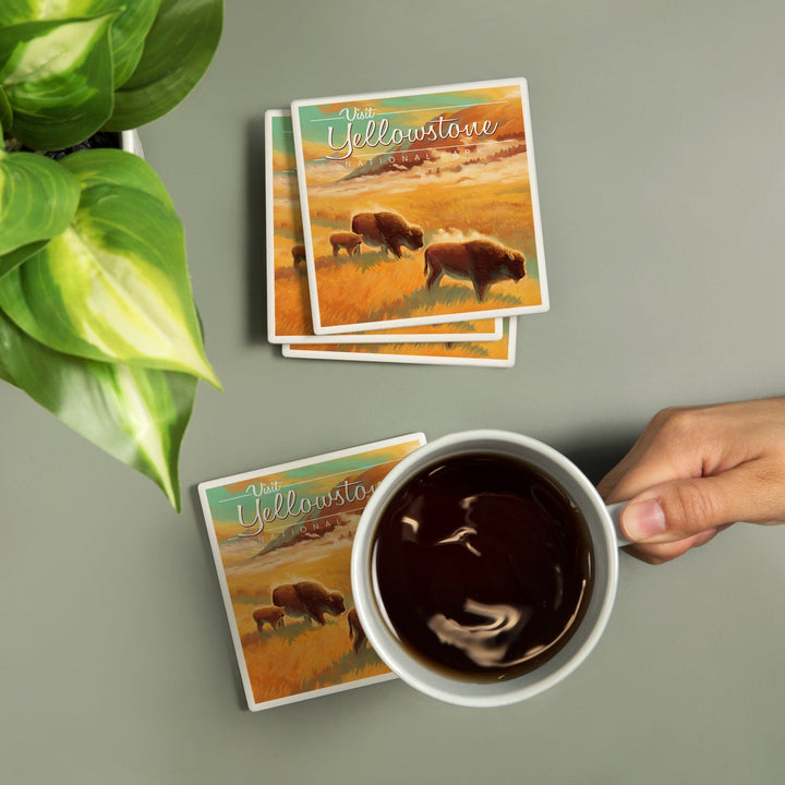 Yellowstone National Park, Bison, Oil Painting, Coasters Coasters Lantern Press 