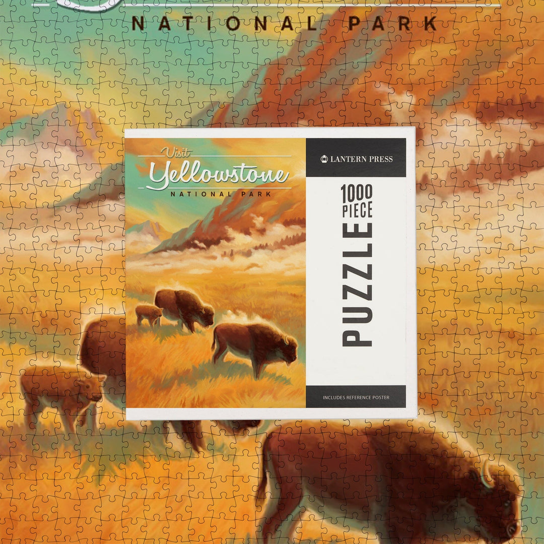 Yellowstone National Park, Bison, Oil Painting, Jigsaw Puzzle Puzzle Lantern Press 