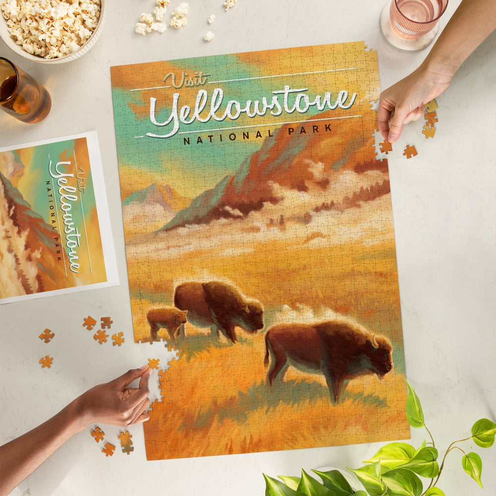 Yellowstone National Park, Bison, Oil Painting, Jigsaw Puzzle Puzzle Lantern Press 