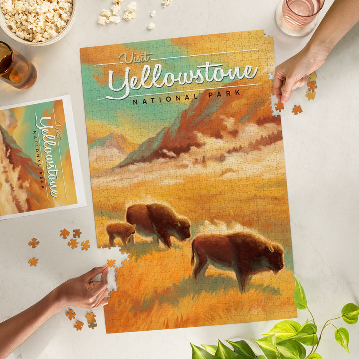 Yellowstone National Park, Bison, Oil Painting, Jigsaw Puzzle Puzzle Lantern Press 