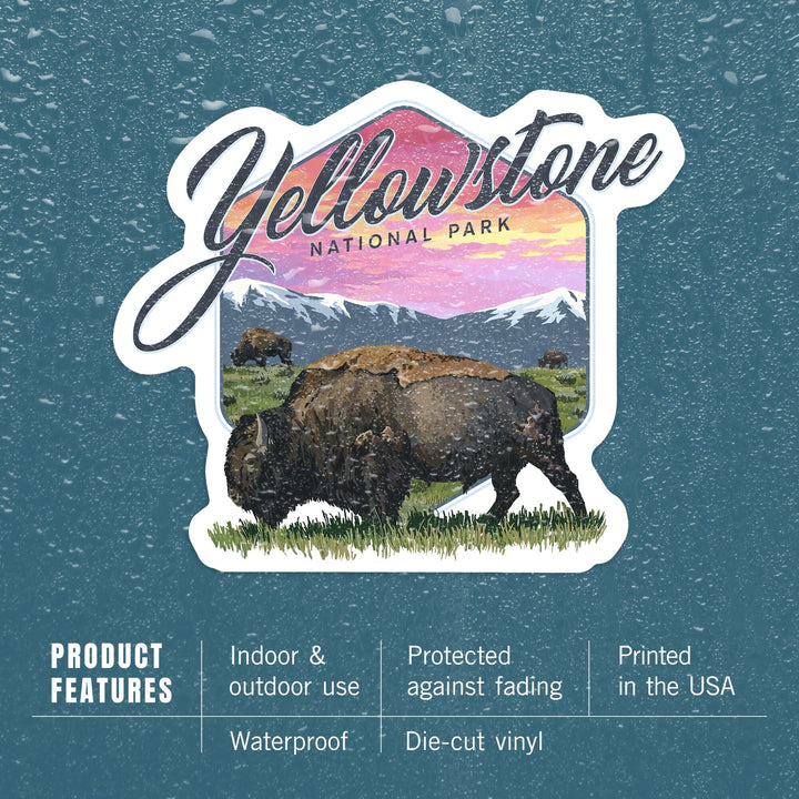 Yellowstone National Park, Bison & Sunset, Contour, Lantern Press Artwork, Vinyl Sticker Sticker Lantern Press 