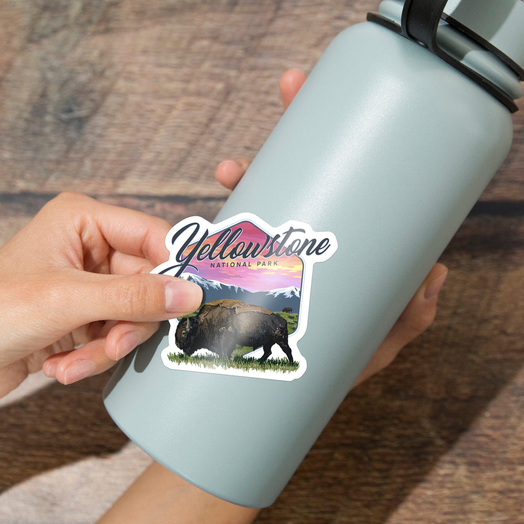 Yellowstone National Park, Bison & Sunset, Contour, Lantern Press Artwork, Vinyl Sticker Sticker Lantern Press 