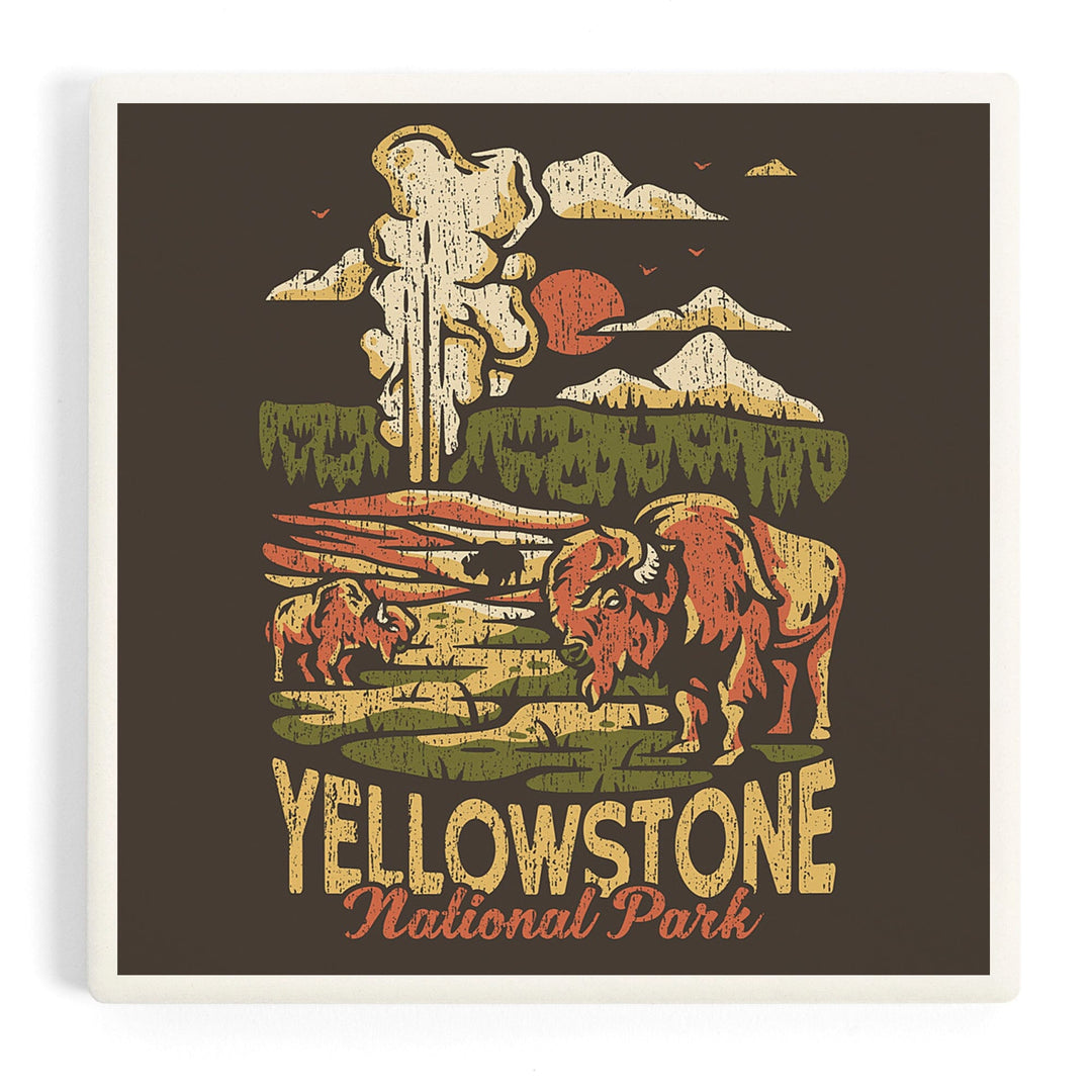 Yellowstone National Park, Distressed Vector, Old Faithful, Coasters Coasters Lantern Press 