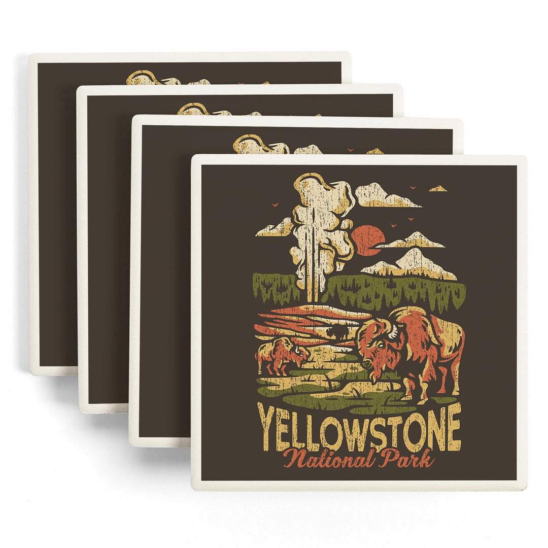 Yellowstone National Park, Distressed Vector, Old Faithful, Coasters Coasters Lantern Press 