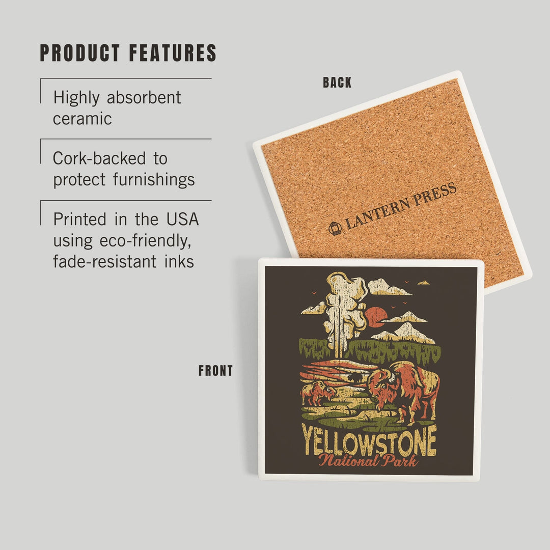 Yellowstone National Park, Distressed Vector, Old Faithful, Coasters Coasters Lantern Press 