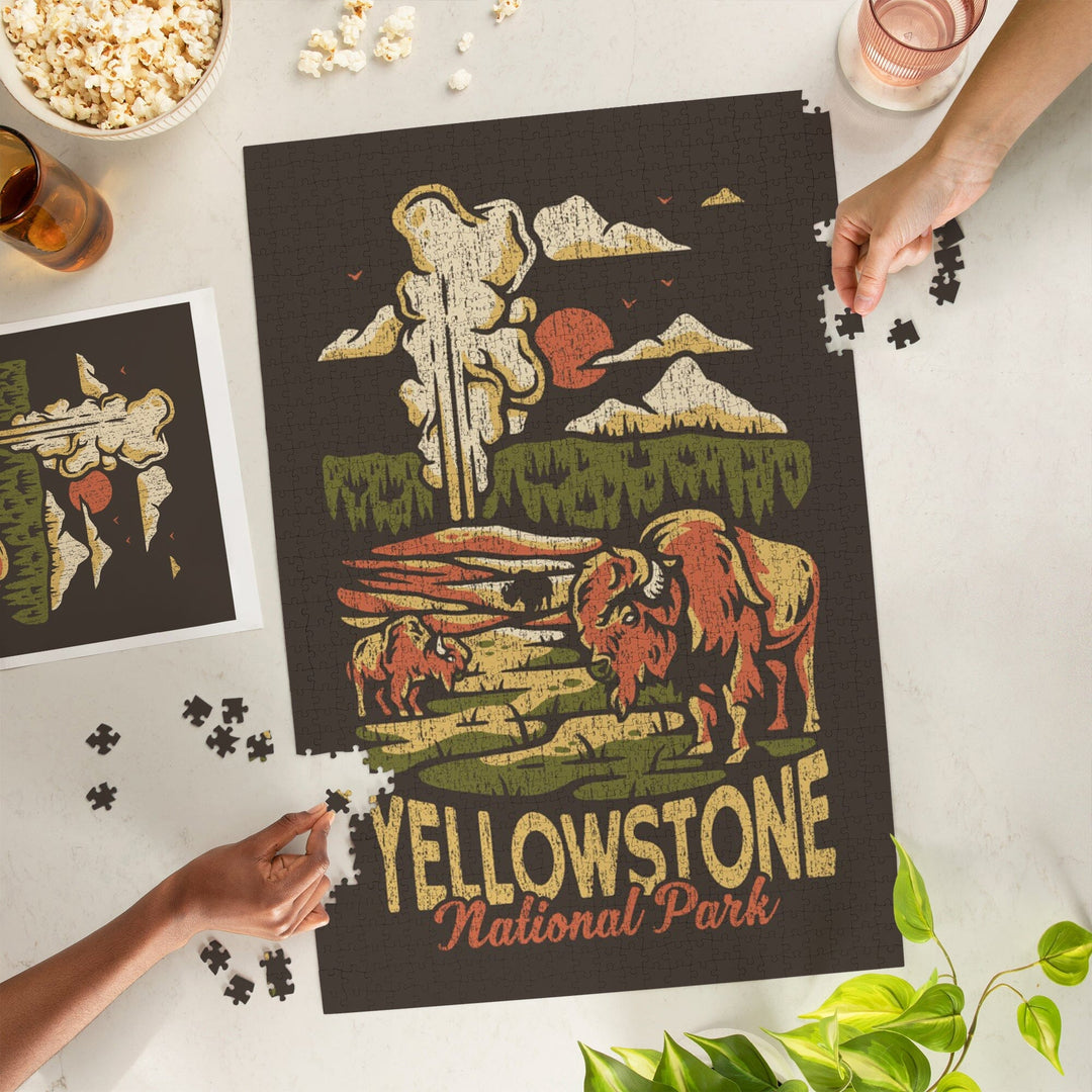 Yellowstone National Park, Distressed Vector, Old Faithful, Jigsaw Puzzle Puzzle Lantern Press 