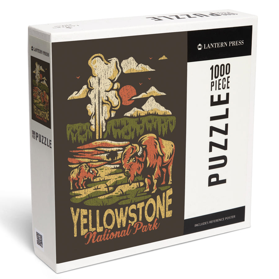 Yellowstone National Park, Distressed Vector, Old Faithful, Jigsaw Puzzle Puzzle Lantern Press 