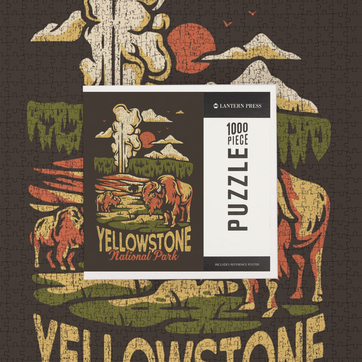 Yellowstone National Park, Distressed Vector, Old Faithful, Jigsaw Puzzle Puzzle Lantern Press 