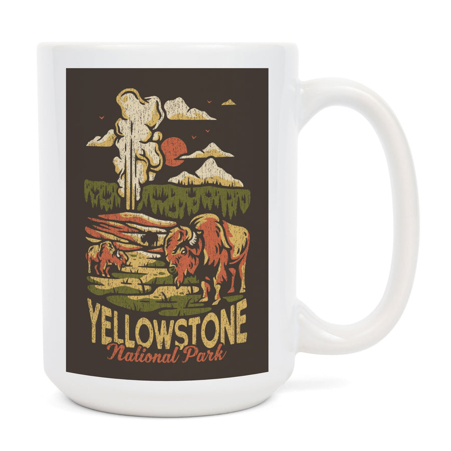Yellowstone National Park, Distressed Vector, Old Faithful, Lantern Press Artwork, Ceramic Mug Mugs Lantern Press 