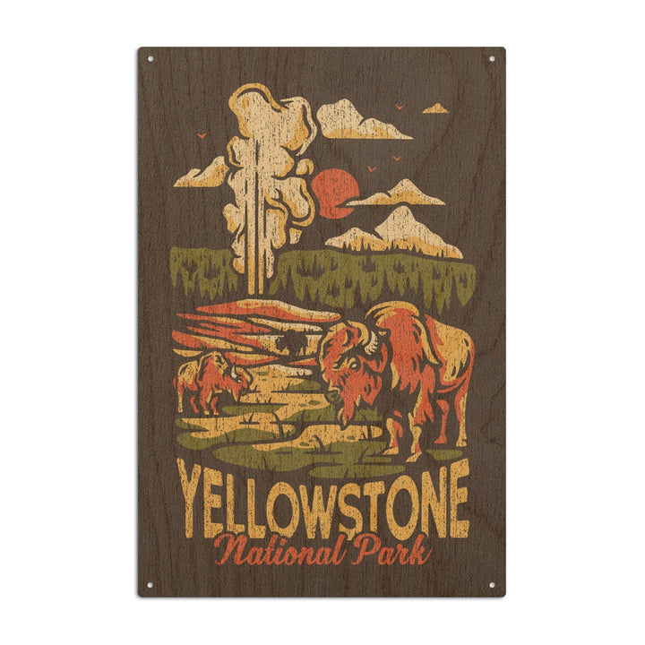 Yellowstone National Park, Distressed Vector, Old Faithful, Lantern Press Artwork, Wood Signs and Postcards Wood Lantern Press 10 x 15 Wood Sign 