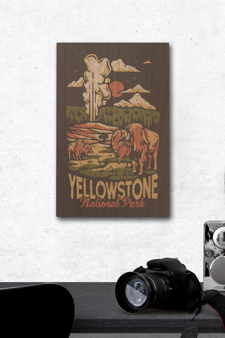 Yellowstone National Park, Distressed Vector, Old Faithful, Lantern Press Artwork, Wood Signs and Postcards Wood Lantern Press 12 x 18 Wood Gallery Print 