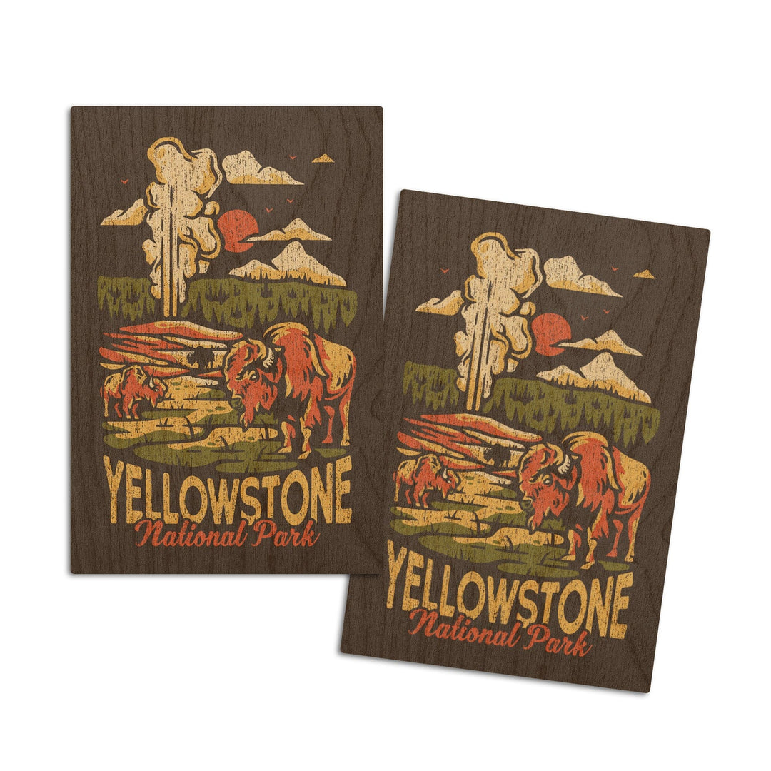 Yellowstone National Park, Distressed Vector, Old Faithful, Lantern Press Artwork, Wood Signs and Postcards Wood Lantern Press 4x6 Wood Postcard Set 