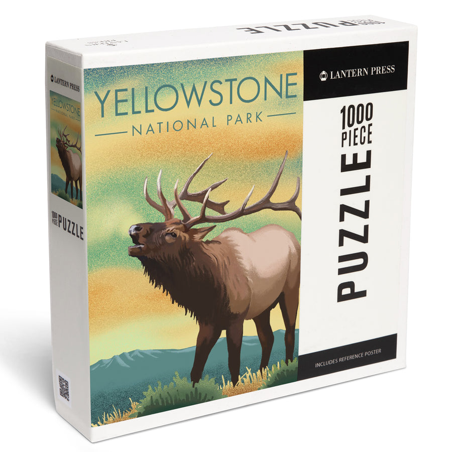 Yellowstone National Park, Elk, Lithograph, Jigsaw Puzzle Puzzle Lantern Press 