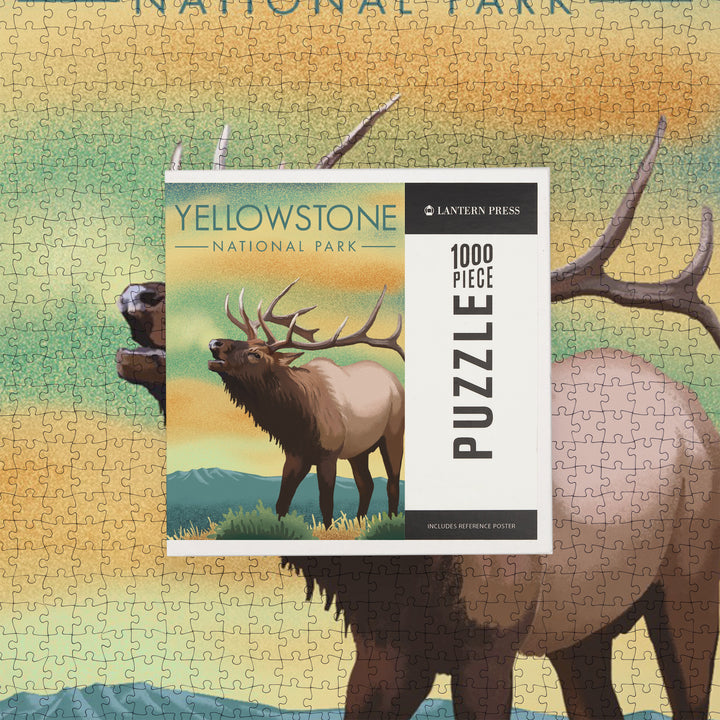 Yellowstone National Park, Elk, Lithograph, Jigsaw Puzzle Puzzle Lantern Press 