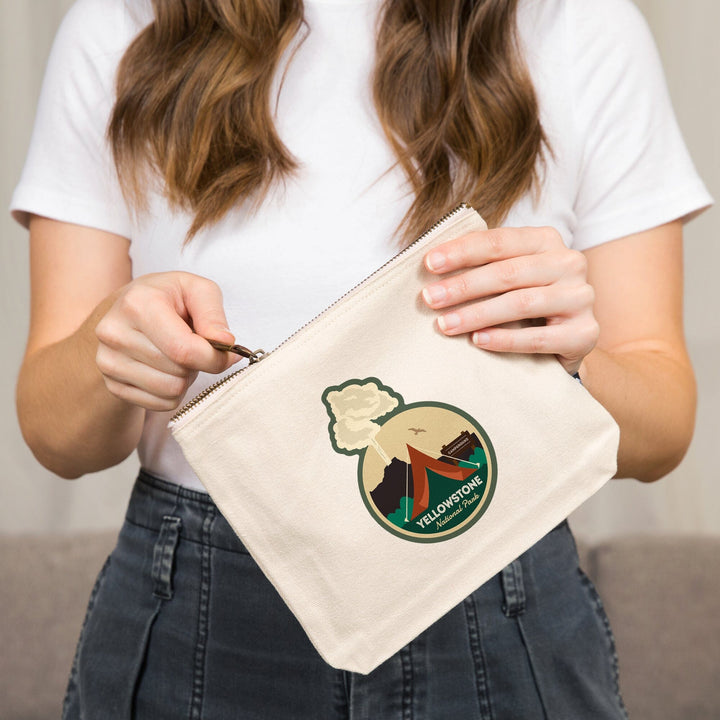 Yellowstone National Park, Geyser and Tent,, Organic Cotton Zipper Pouch, Go Bag Go Bag Lantern Press 