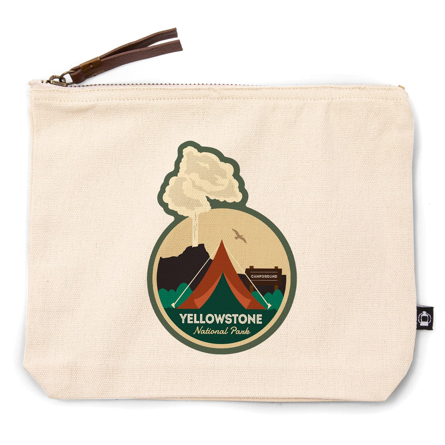 Yellowstone National Park, Geyser and Tent,, Organic Cotton Zipper Pouch, Go Bag Go Bag Lantern Press 
