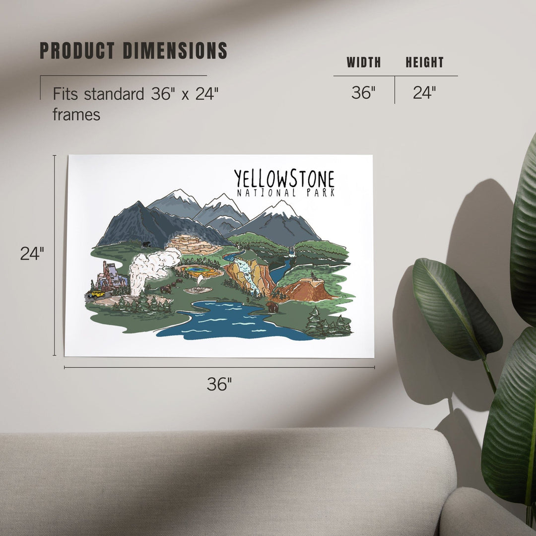 Yellowstone National Park, Line Drawing, Art & Giclee Prints Art Lantern Press 