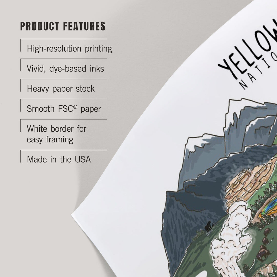 Yellowstone National Park, Line Drawing, Art & Giclee Prints Art Lantern Press 