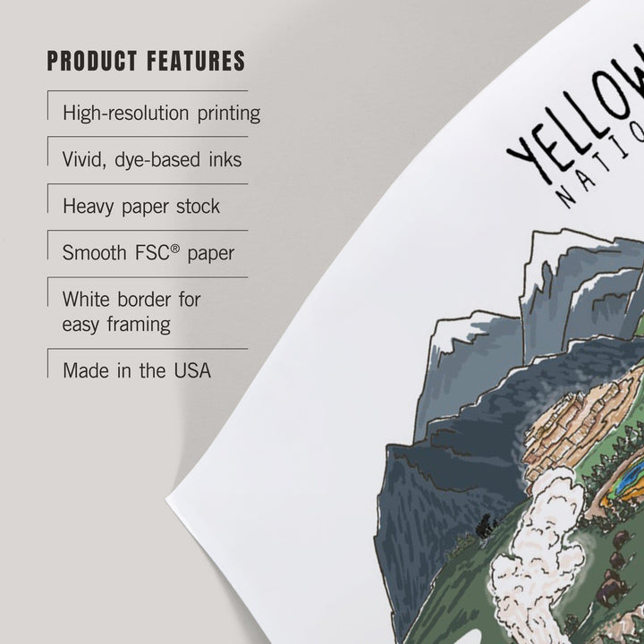 Yellowstone National Park, Line Drawing, Art & Giclee Prints Art Lantern Press 