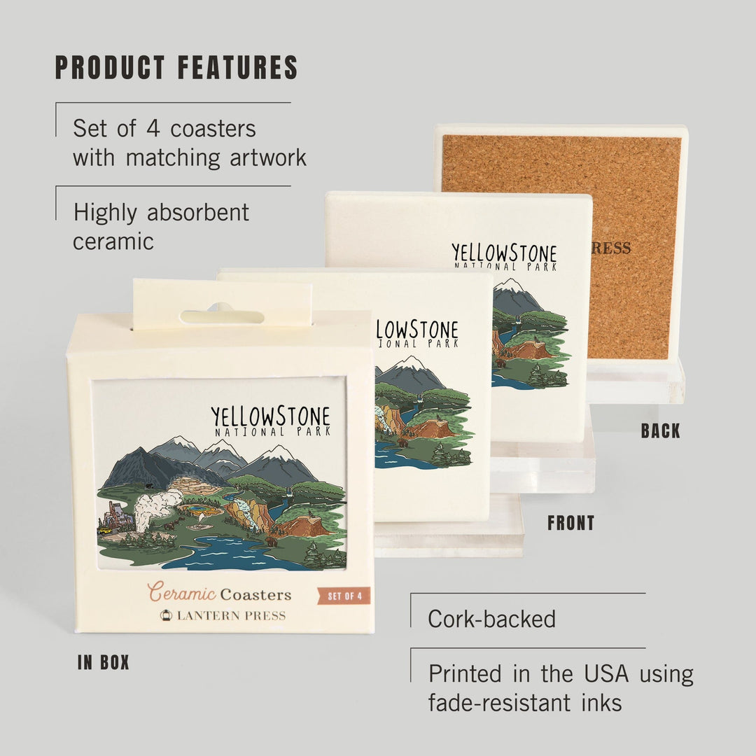 Yellowstone National Park, Line Drawing, Coasters Coasters Lantern Press 