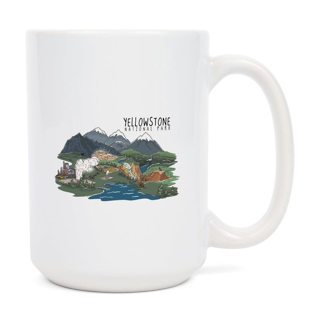 Yellowstone National Park, Line Drawing, Lantern Press Artwork, Ceramic Mug Mugs Lantern Press 