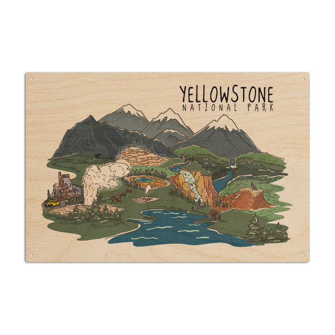 Yellowstone National Park, Line Drawing, Lantern Press Artwork, Wood Signs and Postcards Wood Lantern Press 10 x 15 Wood Sign 